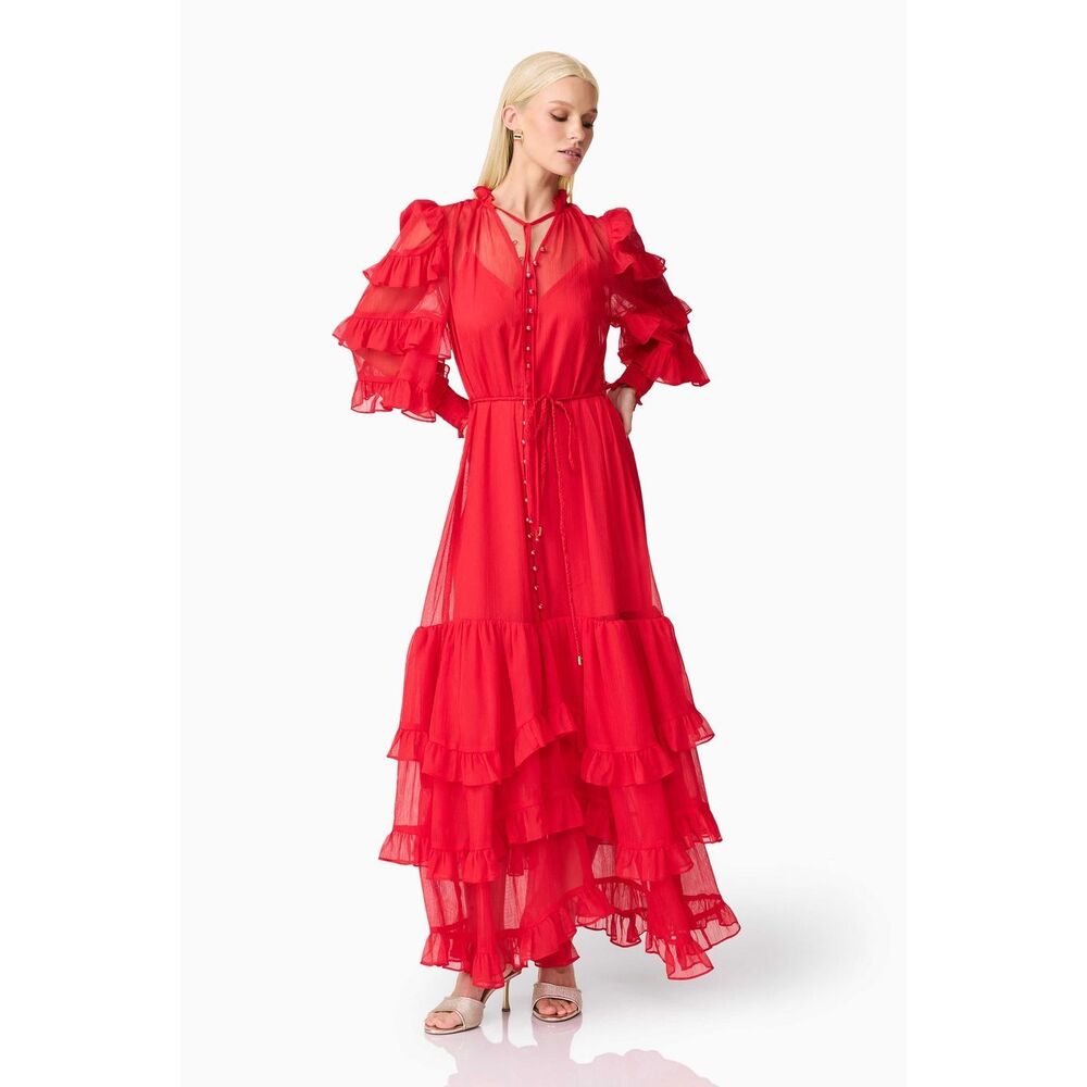 ELLIATT Lilja Long Sleeve Maxi Dress in Red Wedding Guest Cocktail Size S NWT - Picture 3 of 8